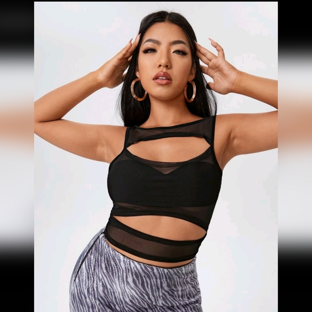 SHEIN Plus Cut Out Crop Sheer Mesh Top - Black, Size 1XL
